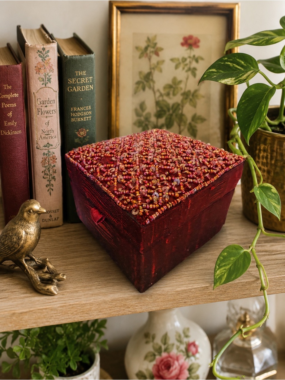 Vintage Red Beaded Jewelry Box Trinket Keepsake Box